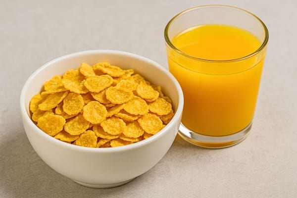 Bol de cornflakes croustillants servi avec un verre de jus d’orange.