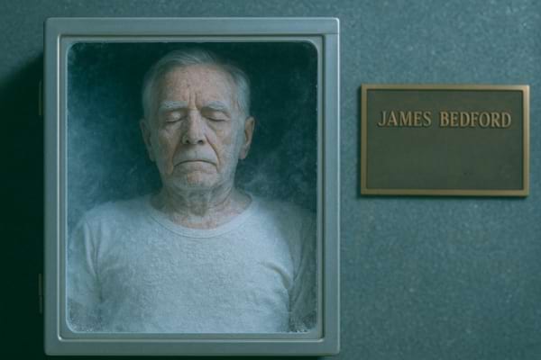 Le corps de James Bedford repose figé dans une capsule cryogénique avec une plaque nominative.