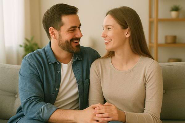 Un couple souriant s’assoit ensemble sur un canapé et se tient les mains en se regardant avec tendresse.