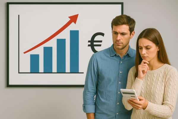 Un couple observe un graphique financier en hausse et calcule le coût de la cryogénie.