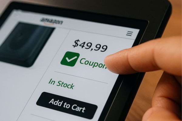 Main activant un coupon de réduction Amazon sur écran tactile.