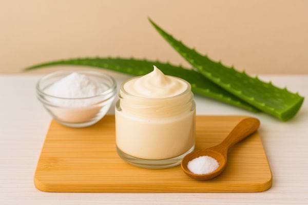 Un pot de crème au bicarbonate est présenté avec de l’aloe vera en arrière-plan.