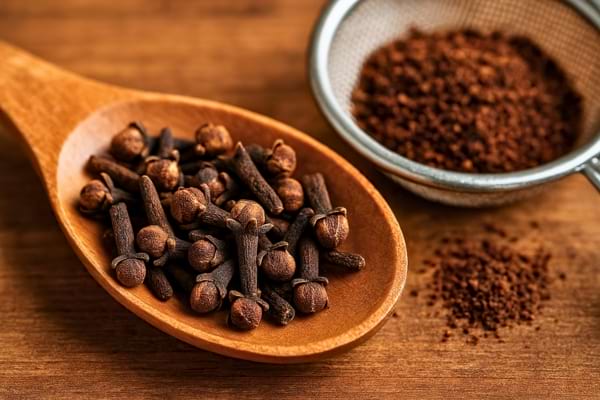 Cuillère en bois avec clous de girofle entiers et poudre au fond.