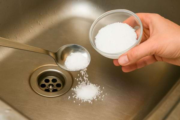 Une cuillère de gros sel est ajoutée dans l’évier bouché.