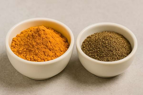Deux bols avec curcuma en poudre orange et poivre noir moulu.