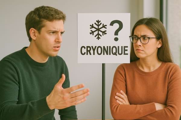 Un homme et une femme débattent vivement devant un panneau avec le mot « cryonique » et un point d’interrogation.