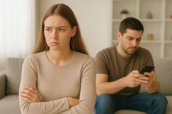 Une femme contrariée croise les bras tandis que son compagnon regarde son téléphone sans lui prêter attention.