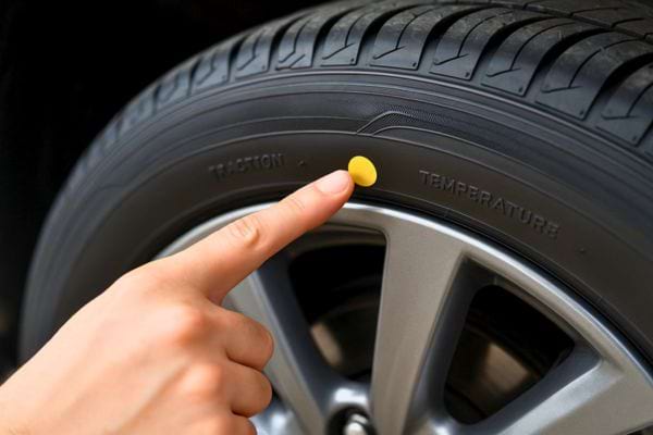 Un doigt montre un petit point jaune collé sur le pneu.