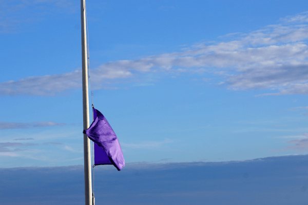 Un drapeau violet flotte sur un mât sous un ciel bleu clair.