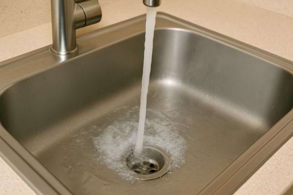 L’eau coule directement du robinet dans l’évier en remplissant la canalisation.