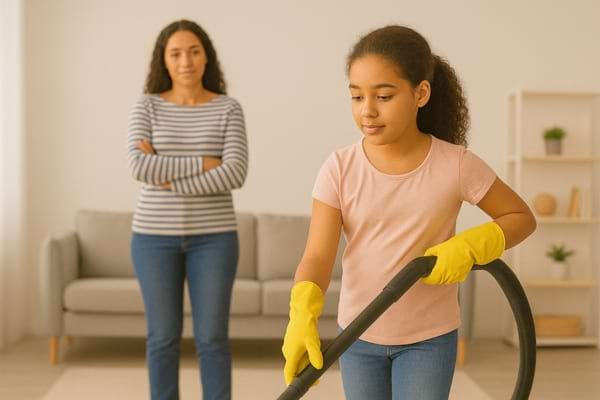 Un enfant utilise un aspirateur sous la surveillance d’un adulte.
