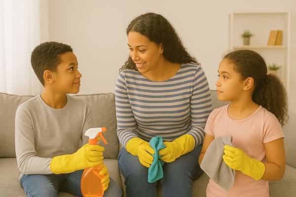 Des enfants essuient soigneusement une table en bois.