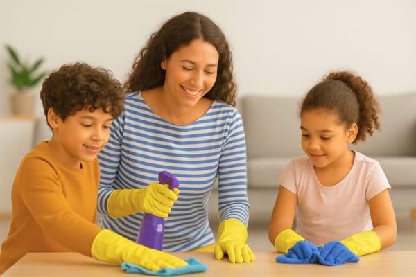 Les enfants nettoient la table après le repas.