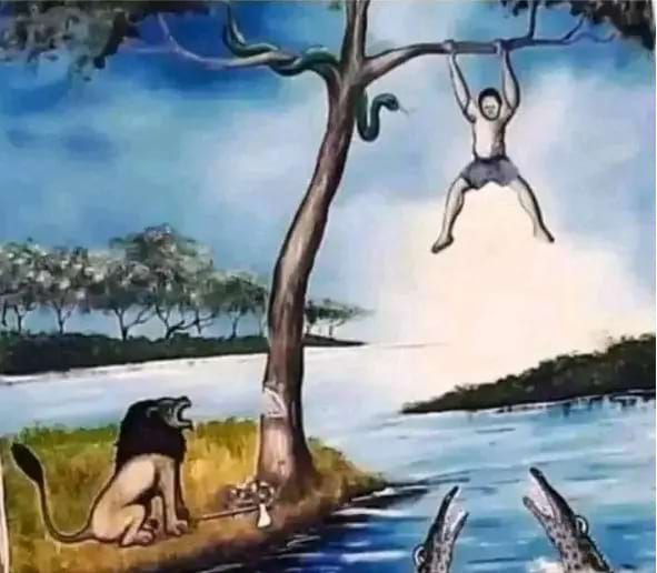 l'énigme du dilemme d'un homme face à un lion, des crocodiles et un serpent
