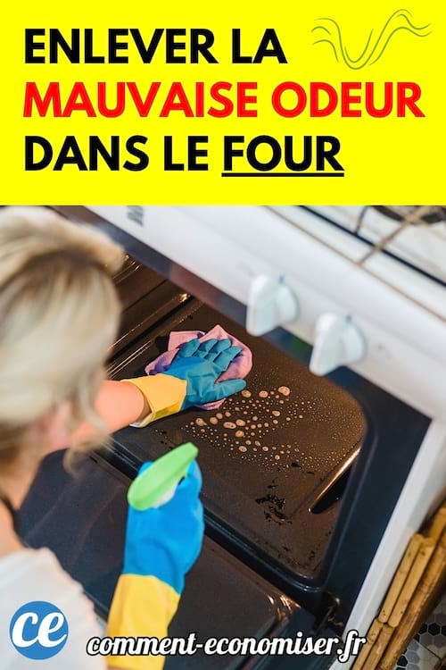 Une personne portant des gants nettoie l’intérieur d’un four avec un spray et une éponge.