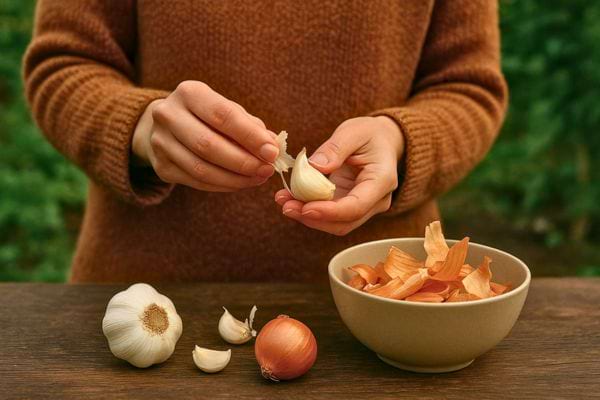 Une personne épluche une gousse d’ail près d’un bol rempli de pelures et d’un oignon.