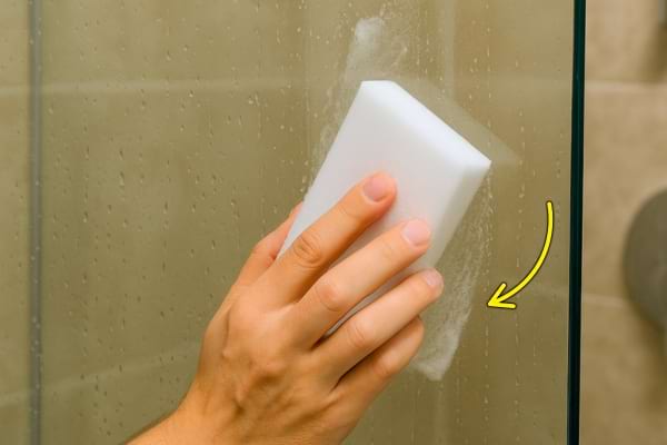 Éponge magique frottant une paroi de douche avec mousse visible.