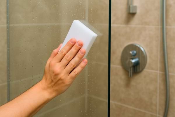 Éponge magique passant sur une paroi de douche propre.   