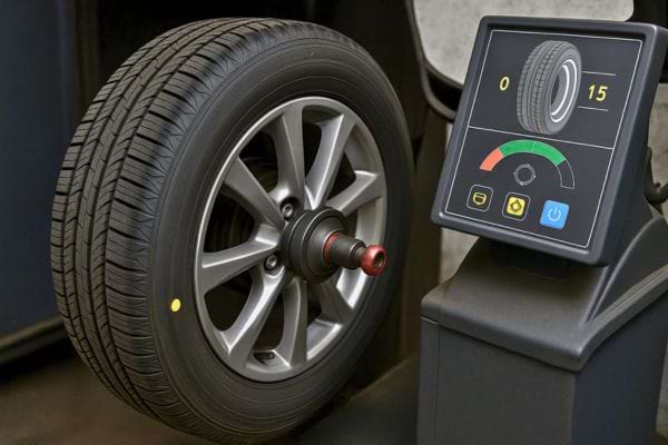 Un pneu monté sur une machine d’équilibrage avec point jaune visible.