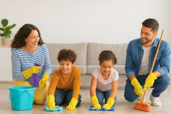 Toute la famille lave le sol en travaillant ensemble.