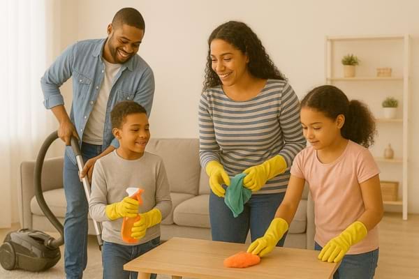 Une famille nettoie ensemble la maison dans une ambiance joyeuse.