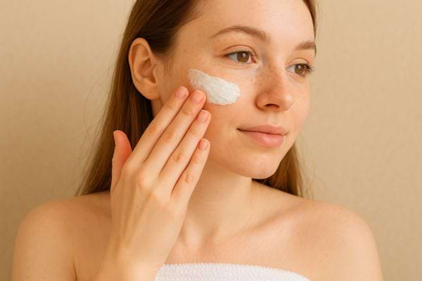 Une femme applique de la crème au bicarbonate sur sa joue avec la main.