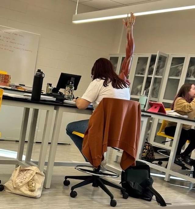 Étudiante semblant lever un bras sans peau.