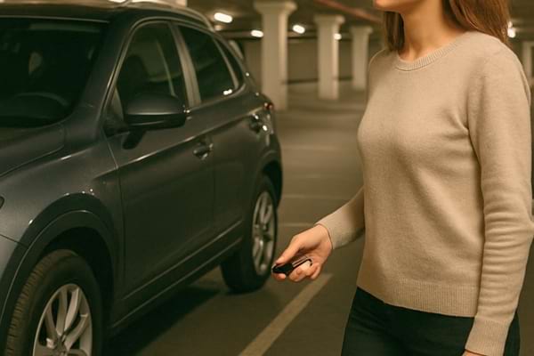 Femme tenant une clé de voiture dans un parking souterrain.