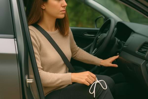 Femme assise dans une voiture, attachant sa ceinture.