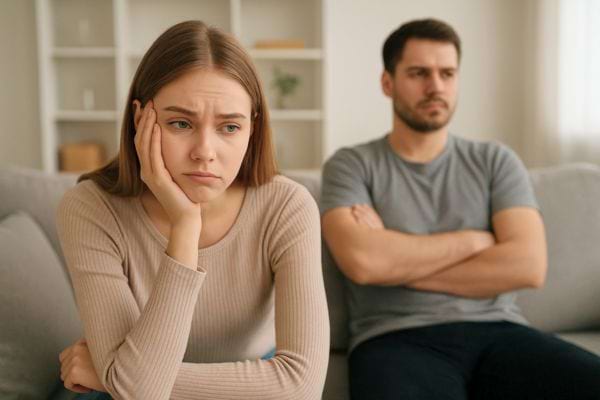 Une femme triste pose sa joue sur sa main tandis que son partenaire reste assis les bras croisés.
