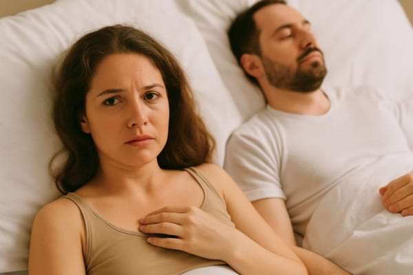 Femme inquiète allongée dans un lit, regarde l’objectif.