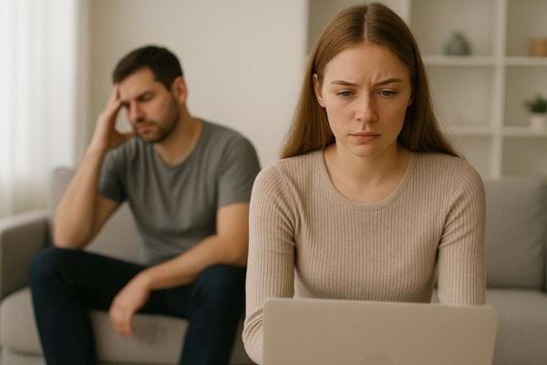 Une femme sérieuse travaille sur un ordinateur pendant que son conjoint, préoccupé, se tient la tête.