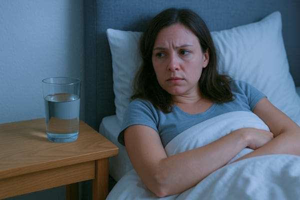 Femme allongée inquiète regardant un verre d’eau posé à côté.