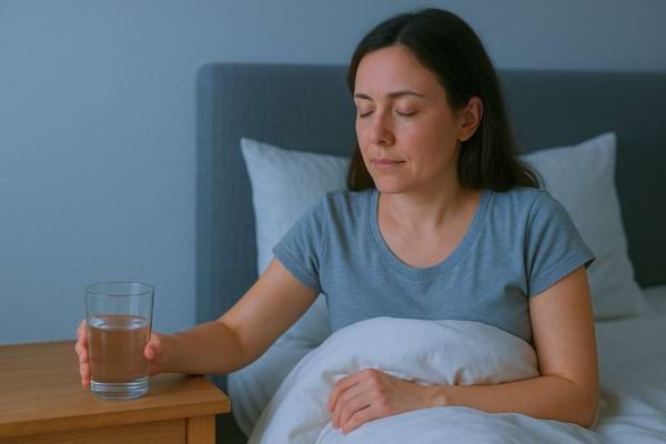 Femme assise au lit tenant un verre d’eau.