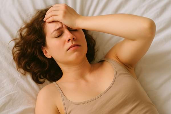 Femme allongée, main sur le front, semble souffrante.