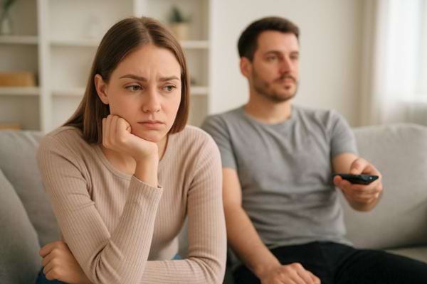 Une femme pensive s’appuie sur sa main pendant que son conjoint, derrière elle, regarde la télévision.