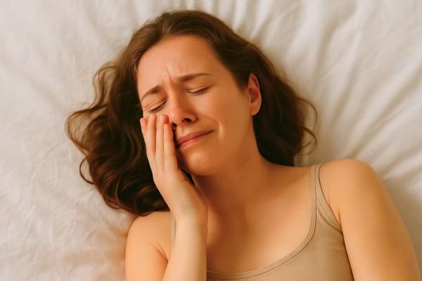 Femme en pleurs, main sur la joue, allongée sur le lit.