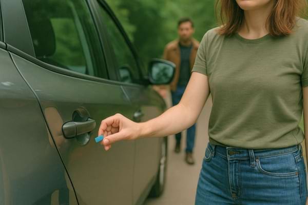 Femme tenant une clé devant une voiture, homme en arrière-plan.