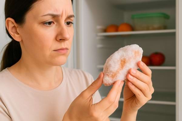 Femme tenant un aliment congelé devant un réfrigérateur ouvert.