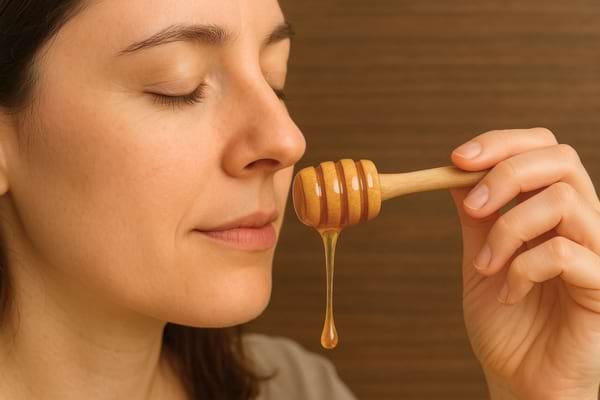 Femme humant l’arôme d’un miel coulant.