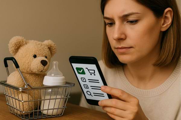 Femme concentrée sur son téléphone avec un panier de bébé.