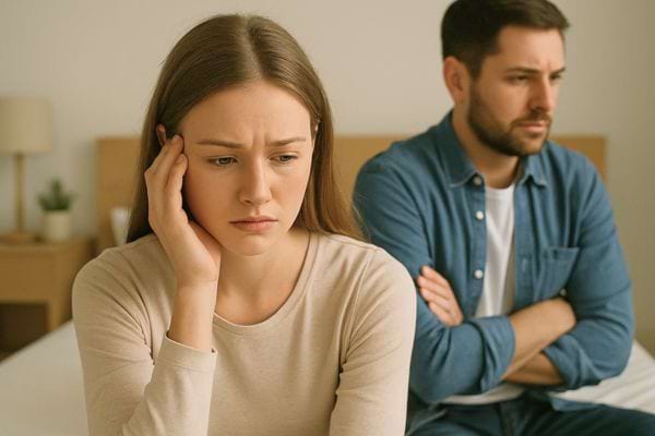 Une femme pensive et triste se tient la tête tandis qu’un homme croise les bras derrière elle.