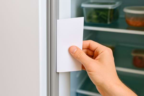 Une main tire une feuille de papier coincée dans la porte du frigo.