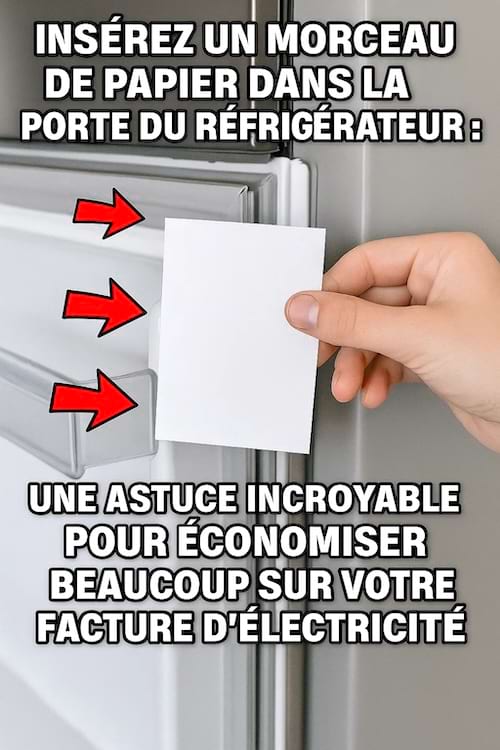 Une main qui insère une feuille de papier dans la porte d'un réfrigérateur.
