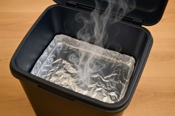 Fumée s’échappant d’une poubelle tapissée de papier aluminium.