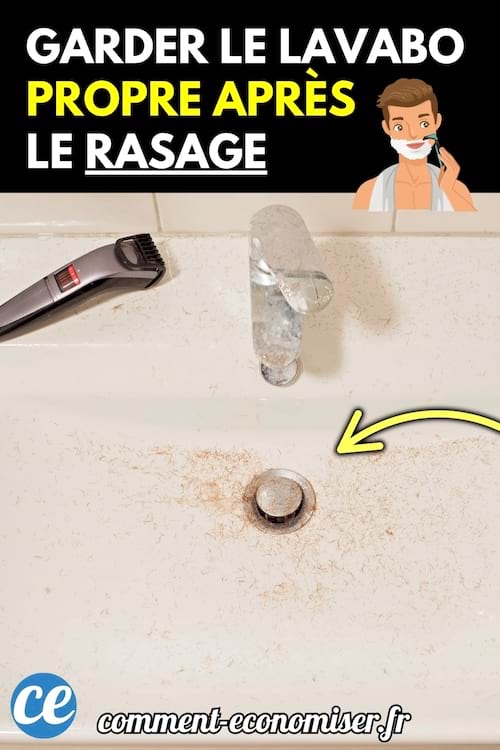 Un lavabo blanc avec des poils coupés éparpillés et une tondeuse posée sur le rebord.
