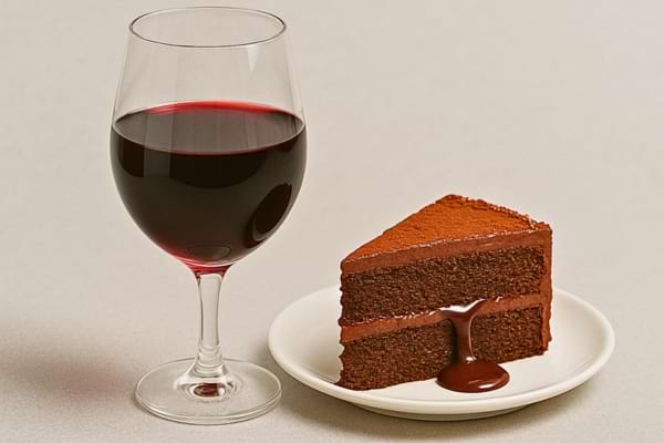 Gâteau au chocolat fondant servi avec un verre de vin rouge sur fond neutre.
