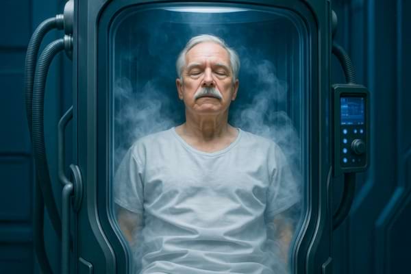 Un homme âgé repose immobile dans un caisson de cryogénie rempli de brume glacée.