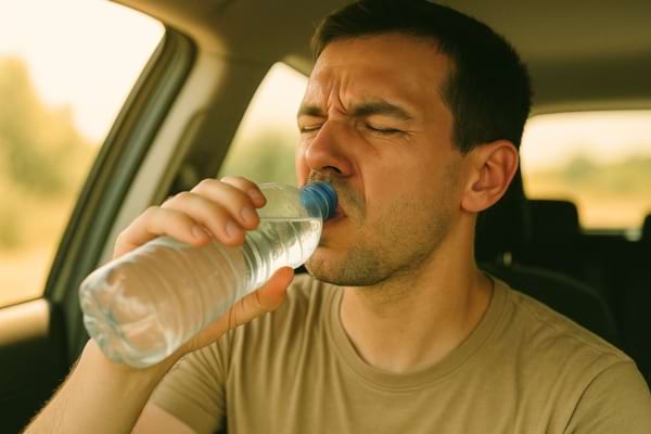 Homme buvant de l’eau d’une bouteille en plastique.