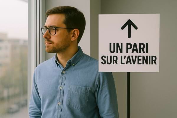 Un homme regarde par la fenêtre près d’un panneau indiquant « un pari sur l’avenir ».